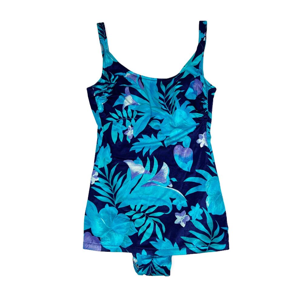 Vintage 80s Hawaiian Tropical Floral One-Piece Skirted Swimsuit Blue size M/L